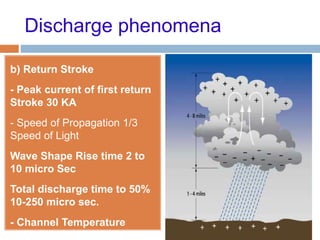 Discharge phenomena
b) Return Stroke
- Peak current of first return
Stroke 30 KA
- Speed of Propagation 1/3
Speed of Light
Wave Shape Rise time 2 to
10 micro Sec
Total discharge time to 50%
10-250 micro sec.
- Channel Temperature
30,000o K
 