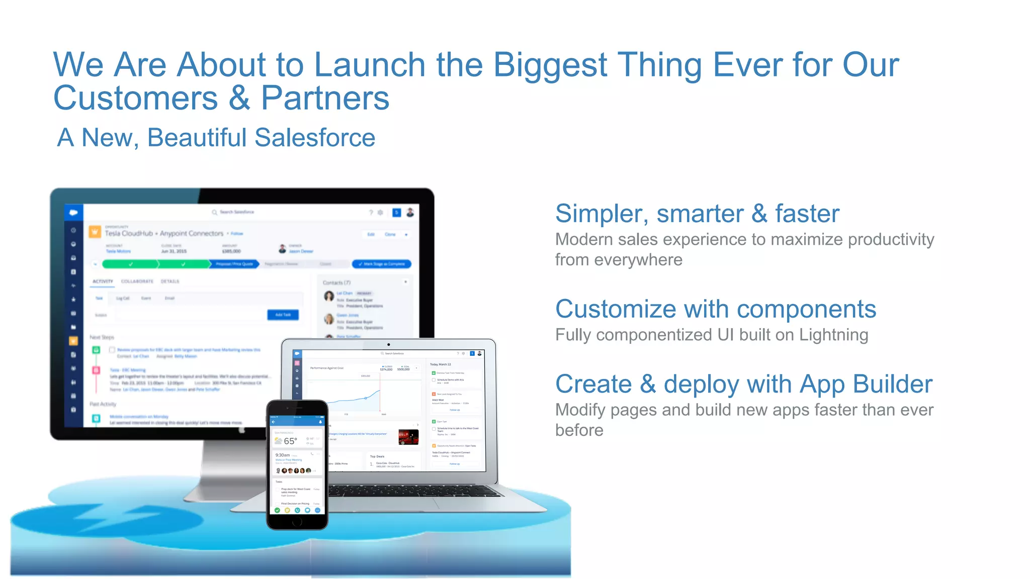 We Are About to Launch the Biggest Thing Ever for Our
Customers & Partners
Simpler, smarter & faster
Modern sales experience to maximize productivity
from everywhere
Customize with components
Fully componentized UI built on Lightning
Create & deploy with App Builder
Modify pages and build new apps faster than ever
before
A New, Beautiful Salesforce
 