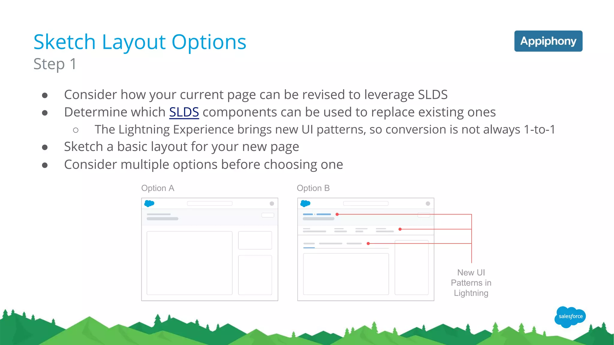 Sketch Layout Options
● Consider how your current page can be revised to leverage SLDS
● Determine which SLDS components can be used to replace existing ones
○ The Lightning Experience brings new UI patterns, so conversion is not always 1-to-1
● Sketch a basic layout for your new page
● Consider multiple options before choosing one
Step 1
Option A Option B
New UI
Patterns in
Lightning
 
