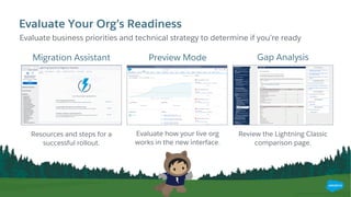 Evaluate Your Org’s Readiness
Evaluate your org’s business priorities and technical strategy, and determine if your org is ready
to make the switch to Lightning Experience.
Gap AnalysisPreview ModeMigration Assistant
Evaluate business priorities and technical strategy to determine if you’re ready
Resources and steps for a
successful rollout.
Evaluate how your live org
works in the new interface.
Review the Lightning Classic
comparison page.
 