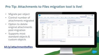Pro Tip: Attachments to Files migration tool is live!
•  Migrate per object
•  Control number of
attachments migrated
•  Option to delete
original attachments
post-migration
•  Supports most
standard objects &
custom objects
bit.ly/attachmenttoﬁles
 