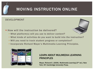 ANALYSISConsider you audienceWhat do they want to learn? Consider:familiarity with libraries and researchcomfort with technologyaccess to a computerEnglish language skillsMoving instruction online