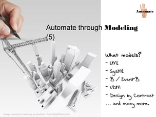Automate
Automate through Modeling (5)
What models?
- UML
- SysML
- B / Event-B
- VDM
- Design by Contract
… and many more.
Image courtesy of nokhoog_buchachon / FreeDigitalPhotos.net
 