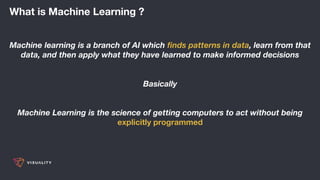 What is Machine Learning ?
Machine learning is a branch of AI which finds patterns in data, learn from that
data, and then apply what they have learned to make informed decisions
Basically
Machine Learning is the science of getting computers to act without being
explicitly programmed
 
