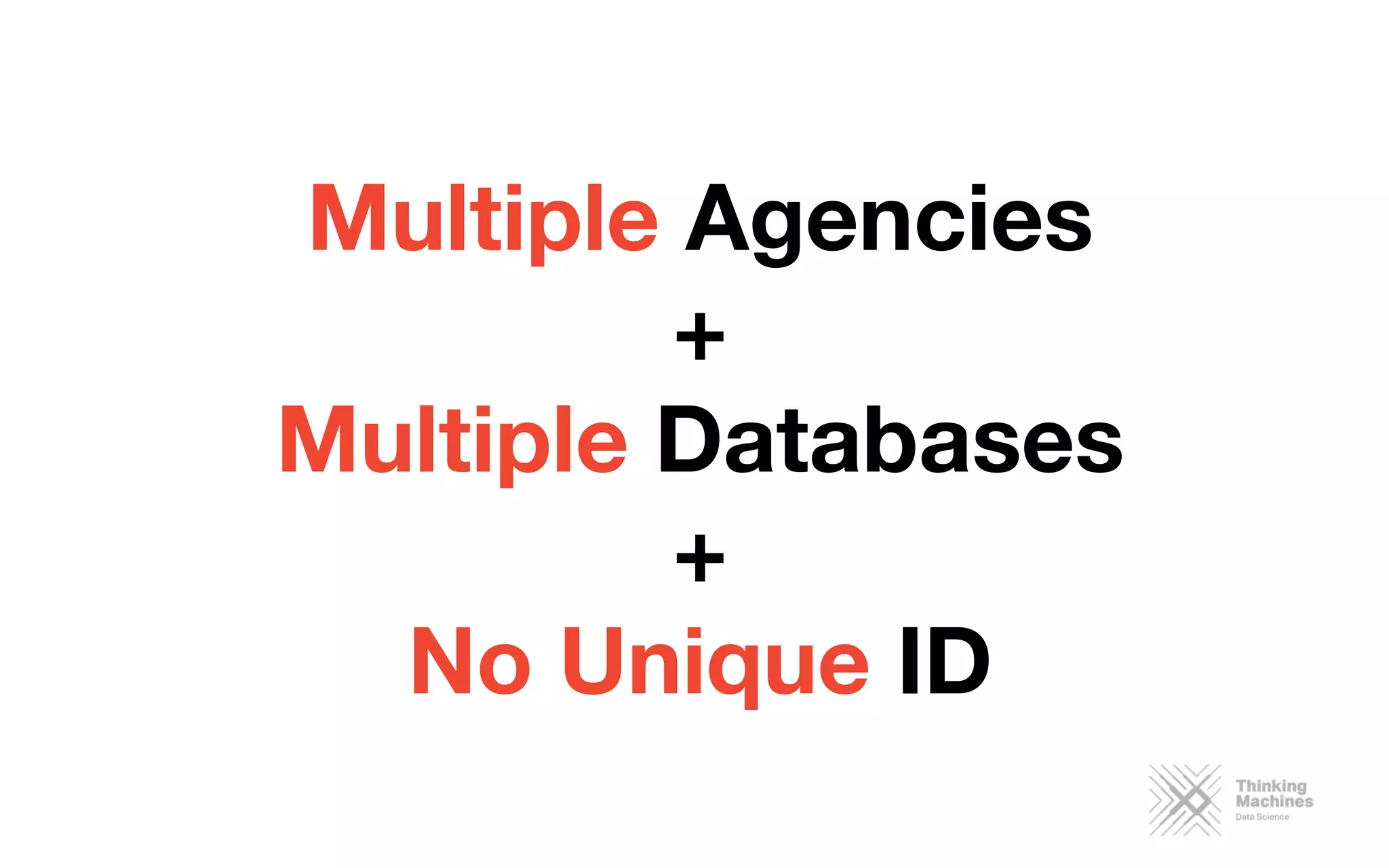 Multiple Agencies 
+
Multiple Databases
+
No Unique ID

 