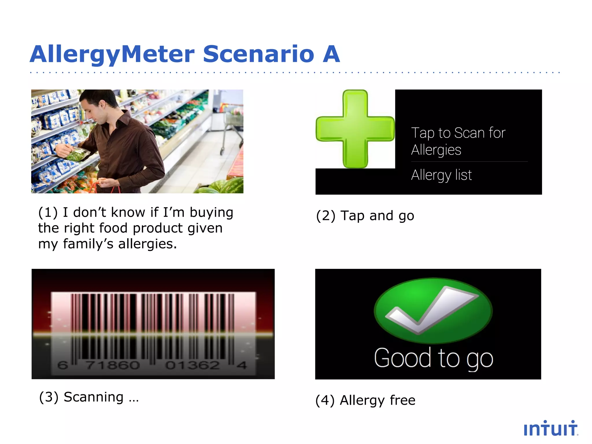 AllergyMeter Scenario A

(1) I don’t know if I’m buying
the right food product given
my family’s allergies.

(2) Tap and go

(3) Scanning …

(4) Allergy free

 
