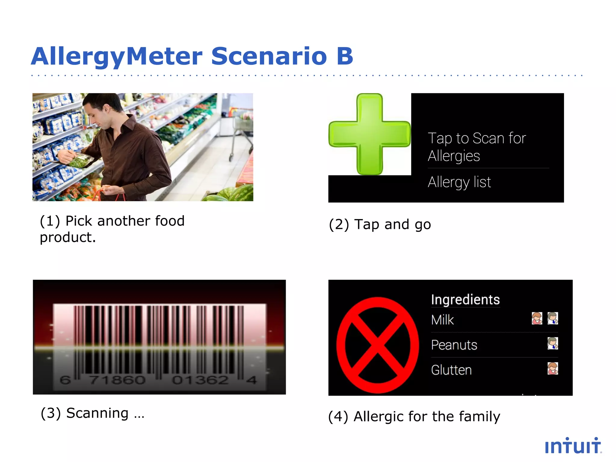 AllergyMeter Scenario B

(1) Pick another food
product.

(2) Tap and go

(3) Scanning …

(4) Allergic for the family

 