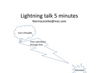 Lightning talk 5 minutesNormaLeistiko@mac.com Just a thought Train volunteers  through chat Volunteer 