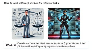 Risk & Intel: different strokes for different folks
Create a character that embodies how [cyber threat intel
/ information risk quant] experts see themselves.
DALL-E:
 