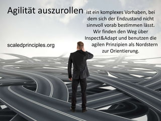 Agilität auszurollen ist ein komplexes Vorhaben, bei

scaledprinciples.org

dem sich der Endzustand nicht
sinnvoll vorab bestimmen lässt.
Wir finden den Weg über
Inspect&Adapt und benutzen die
agilen Prinzipien als Nordstern
zur Orientierung.

 