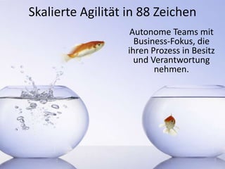 Skalierte Agilität in 88 Zeichen
Autonome Teams mit
Business-Fokus, die
ihren Prozess in Besitz
und Verantwortung
nehmen.

 