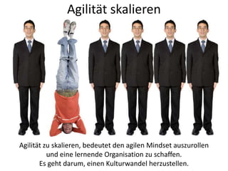Agilität skalieren

Agilität zu skalieren, bedeutet den agilen Mindset auszurollen
und eine lernende Organisation zu schaffen.
Es geht darum, einen Kulturwandel herzustellen.

 