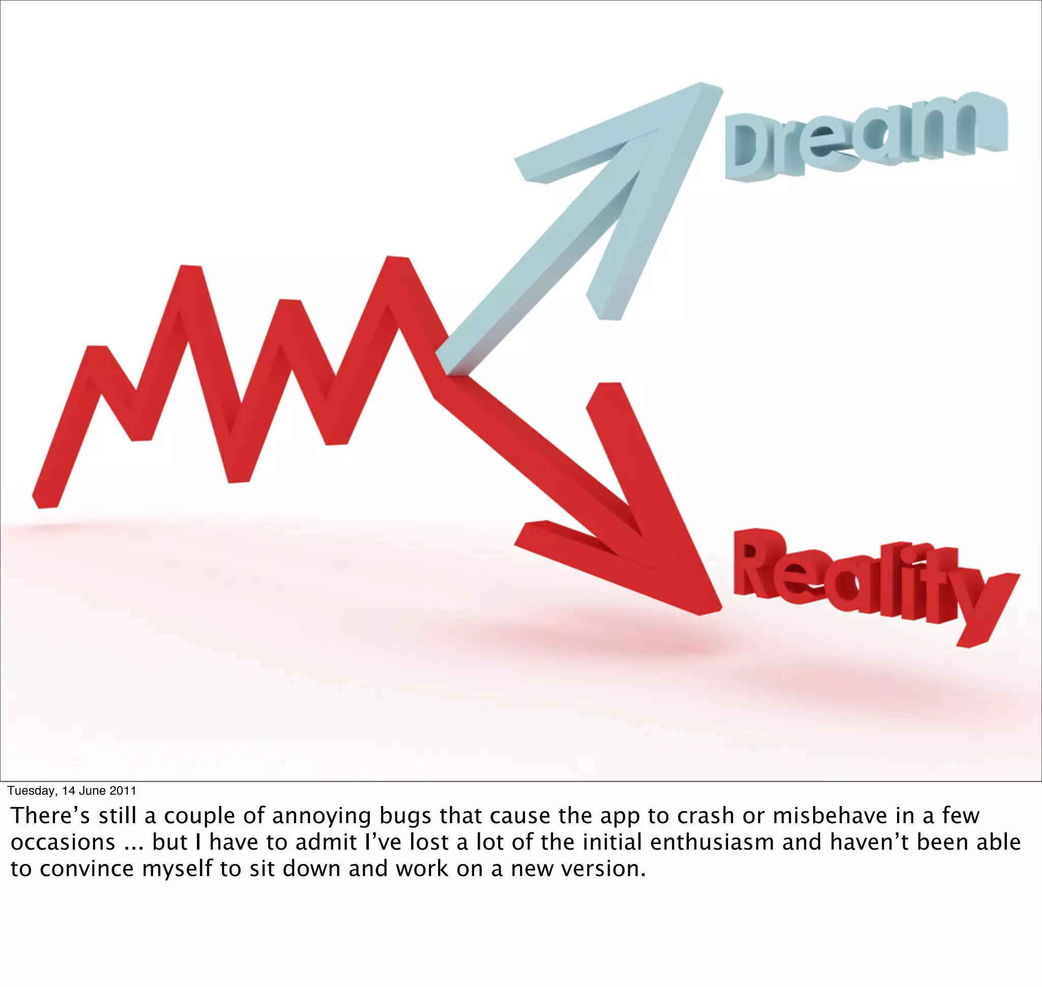 Tuesday, 14 June 2011

There’s still a couple of annoying bugs that cause the app to crash or misbehave in a few
occasions ... but I have to admit I’ve lost a lot of the initial enthusiasm and haven’t been able
to convince myself to sit down and work on a new version.
 