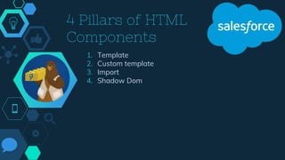 4 Pillars of HTML
Components
1. Template
2. Custom template
3. Import
4. Shadow Dom