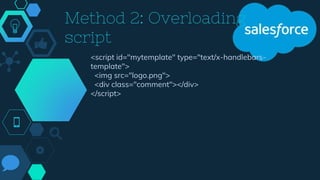 Method 2: Overloading
script
<script id="mytemplate" type="text/x-handlebars-
template">
<img src="logo.png">
<div class="comment"></div>
</script>