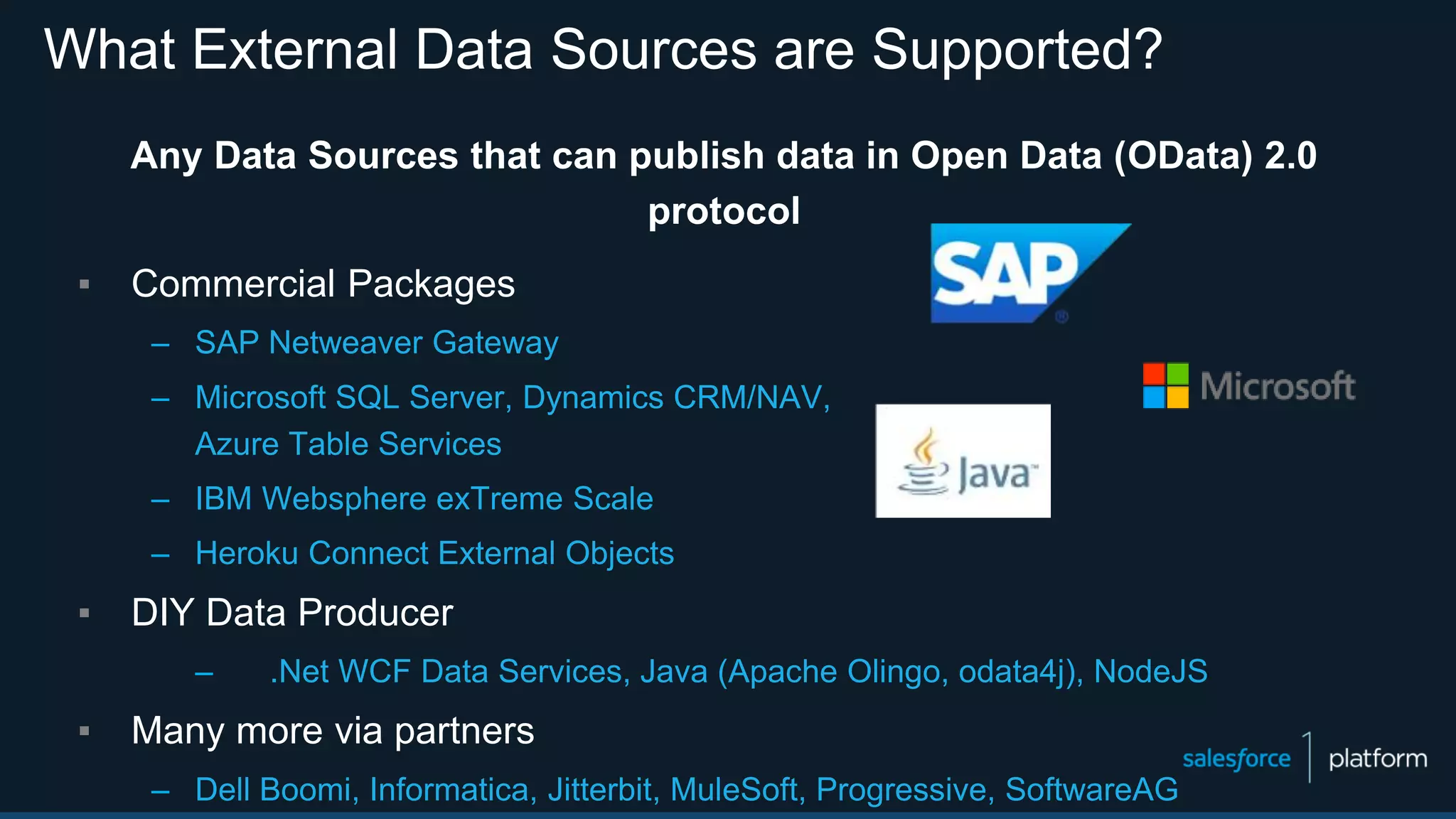 What External Data Sources are Supported?
Any Data Sources that can publish data in Open Data (OData) 2.0
protocol
▪ Commercial Packages
– SAP Netweaver Gateway
– Microsoft SQL Server, Dynamics CRM/NAV,
Azure Table Services
– IBM Websphere exTreme Scale
– Heroku Connect External Objects
▪ DIY Data Producer
– .Net WCF Data Services, Java (Apache Olingo, odata4j), NodeJS
▪ Many more via partners
– Dell Boomi, Informatica, Jitterbit, MuleSoft, Progressive, SoftwareAG
 