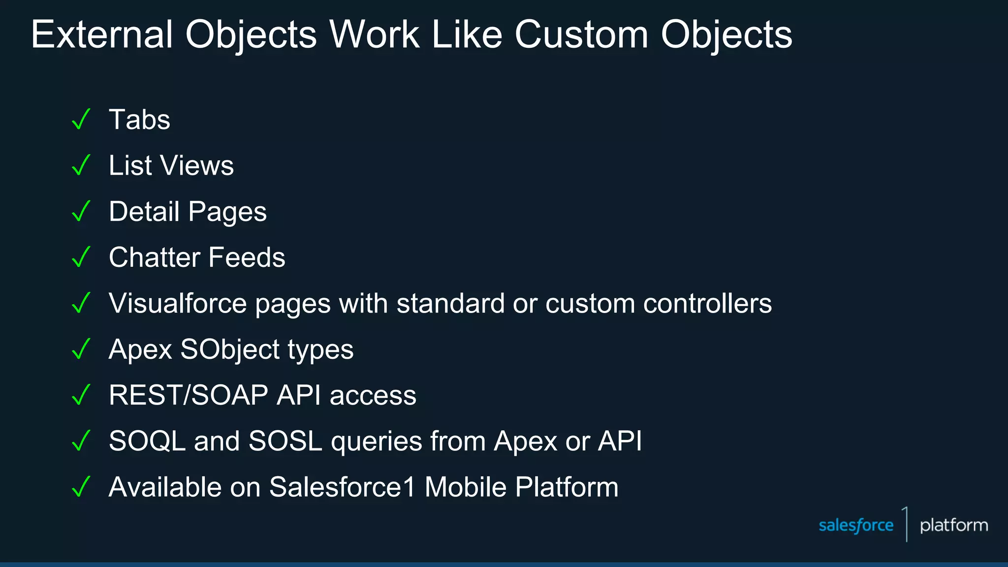 External Objects Work Like Custom Objects
✓ Tabs
✓ List Views
✓ Detail Pages
✓ Chatter Feeds
✓ Visualforce pages with standard or custom controllers
✓ Apex SObject types
✓ REST/SOAP API access
✓ SOQL and SOSL queries from Apex or API
✓ Available on Salesforce1 Mobile Platform
 