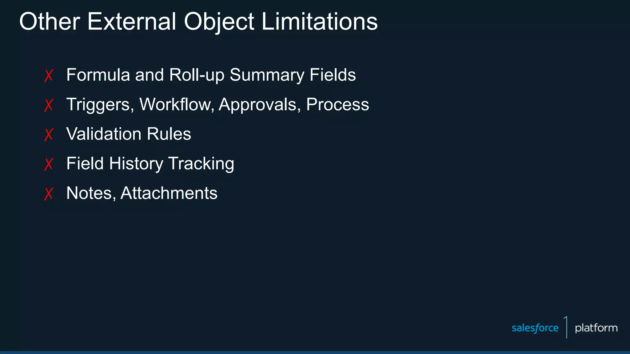 Other External Object Limitations
✗ Formula and Roll-up Summary Fields
✗ Triggers, Workflow, Approvals, Process
✗ Validation Rules
✗ Field History Tracking
✗ Notes, Attachments
 