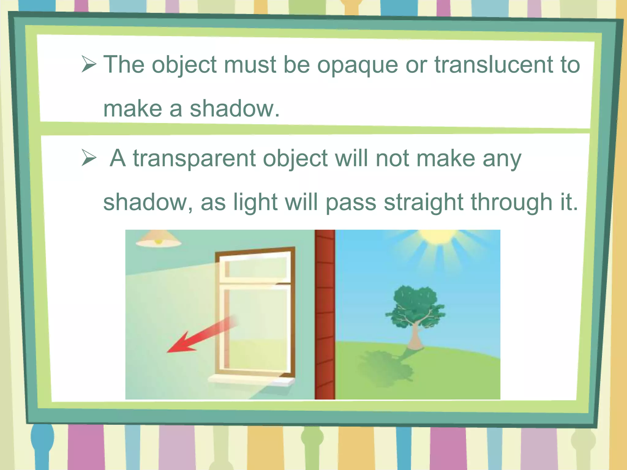  The object must be opaque or translucent to
  make a shadow.

 A transparent object will not make any
  shadow, as light will pass straight through it.
 