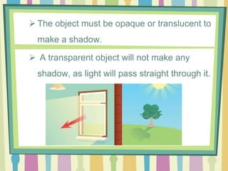  The object must be opaque or translucent to
  make a shadow.

 A transparent object will not make any
  shadow, as light will pass straight through it.
 