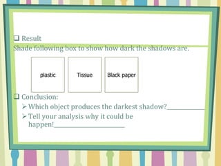  Result
Shade following box to show how dark the shadows are.


        plastic    Tissue   Black paper



 Conclusion:
   Which object produces the darkest shadow?______________
   Tell your analysis why it could be
    happen!__________________________
 