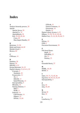 Lucene, 84
M
MARC, 14
Memoing, 27, 31
Meta-analysis, 29
Metadata, 10, 11, 14–16, 18, 20, 22, 55, 57, 59,
63, 65, 66, 79, 84
Schemes
Dublin Core, 10
LOM, 10
METS, 10
MODS, 10
Minimalism, 17
MySQL, 14–16
N
NDLTD, 59
NETD, 6
O
OAI-PMH, 10, 11, 15, 19, 59, 84
Data Provider, 73–76, 84
resumptionToken, 74
Verbs, 19, 73
GetRecord, 73
Identify, 61
ListIdentiﬁers, 73–75
ListRecords, 73–76
ListSets, 62, 73, 74
Open Coding, 31
OpenDOAR, 29
P
Pairwise comparisons, 27
Parsing, 65–69, 78, 81, 84
PDF, 10, 14
Perl, 15, 73
PHP, 16
Preservation, 32, 33
Python, 14
R
Random Sampling, 59
RDMS, 20
Repository, 52, 55
REST, 16
RSS, 10, 78
S
SARU, 46
Search, 65–69, 81, 82, 84
Servlet, 15
setSpec, 59
Siege, 58, 73, 74
Simplicity, 17–20, 52, 55, 57
SOAP, 16
Software Design Decisions
Design Rationale
IBIS, 24
QOC, 24
Formalised Ontological Representation,
24
Software design decisions, 23
Storage Schemes
File Systems, 22
NoSQL, 21
RDBMS, 20
Survey, 55
U
Ubuntu, 58
Unix, 17
W
Web, 52, 55
Wiki, 18
Workload, 59, 60, 63–68, 70, 71, 73, 74, 78, 79,
81
WWW, 52
X
Xam, 43
XLink, 16
XML, 10, 11, 16, 19, 59, 68
XMLFile, 73
XPath, 65, 67, 68
Z
Z39.50, 9
128
 