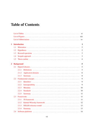 Table of Contents
List of Tables . . . . . . . . . . . . . . . . . . . . . . . . . . . . . . . . . . . . . . . . xi
List of Figures . . . . . . . . . . . . . . . . . . . . . . . . . . . . . . . . . . . . . . . . xiii
List of Abbreviations . . . . . . . . . . . . . . . . . . . . . . . . . . . . . . . . . . . . xv
1 Introduction 1
1.1 Motivation . . . . . . . . . . . . . . . . . . . . . . . . . . . . . . . . . . . . . . . 2
1.2 Hypotheses . . . . . . . . . . . . . . . . . . . . . . . . . . . . . . . . . . . . . . 2
1.3 Research questions . . . . . . . . . . . . . . . . . . . . . . . . . . . . . . . . . . 3
1.4 Scope& approach . . . . . . . . . . . . . . . . . . . . . . . . . . . . . . . . . . . 3
1.5 Thesis outline . . . . . . . . . . . . . . . . . . . . . . . . . . . . . . . . . . . . . 4
2 Background 5
2.1 Digital Libraries . . . . . . . . . . . . . . . . . . . . . . . . . . . . . . . . . . . . 5
2.1.1 Deﬁnitions . . . . . . . . . . . . . . . . . . . . . . . . . . . . . . . . . . 5
2.1.2 Application domains . . . . . . . . . . . . . . . . . . . . . . . . . . . . . 6
2.1.3 Summary . . . . . . . . . . . . . . . . . . . . . . . . . . . . . . . . . . . 9
2.2 Fundamental concepts . . . . . . . . . . . . . . . . . . . . . . . . . . . . . . . . 9
2.2.1 Identiﬁers . . . . . . . . . . . . . . . . . . . . . . . . . . . . . . . . . . . 9
2.2.2 Interoperability . . . . . . . . . . . . . . . . . . . . . . . . . . . . . . . . 9
2.2.3 Metadata . . . . . . . . . . . . . . . . . . . . . . . . . . . . . . . . . . . 10
2.2.4 Standards . . . . . . . . . . . . . . . . . . . . . . . . . . . . . . . . . . . 10
2.2.5 Summary . . . . . . . . . . . . . . . . . . . . . . . . . . . . . . . . . . . 11
2.3 Frameworks . . . . . . . . . . . . . . . . . . . . . . . . . . . . . . . . . . . . . . 11
2.3.1 5S framework . . . . . . . . . . . . . . . . . . . . . . . . . . . . . . . . . 11
2.3.2 Kahn& Wilensky framework . . . . . . . . . . . . . . . . . . . . . . . . . 12
2.3.3 DELOS reference model . . . . . . . . . . . . . . . . . . . . . . . . . . . 13
2.3.4 Summary . . . . . . . . . . . . . . . . . . . . . . . . . . . . . . . . . . . 13
2.4 Software platforms . . . . . . . . . . . . . . . . . . . . . . . . . . . . . . . . . . 14
vii
 