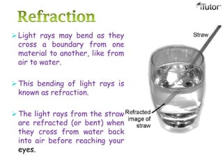 Light rays may bend as they
cross a boundary from one
material to another, like from
air to water.
 This bending of light rays is
known as refraction.
 The light rays from the straw
are refracted (or bent) when
they cross from water back
into air before reaching your
eyes.
 