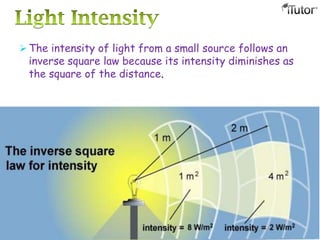  The intensity of light from a small source follows an
inverse square law because its intensity diminishes as
the square of the distance.
 
