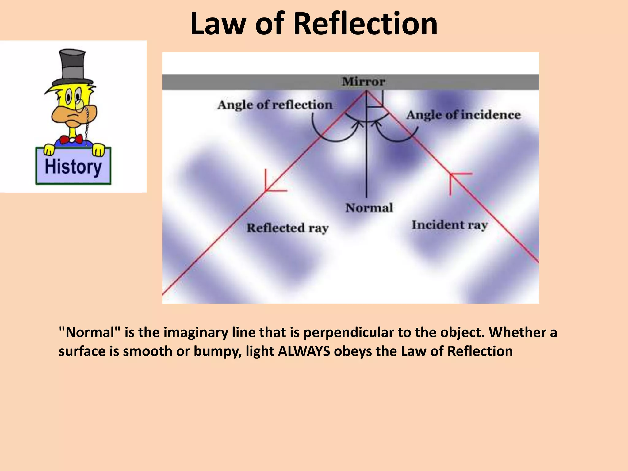 Law of Reflection
"Normal" is the imaginary line that is perpendicular to the object. Whether a
surface is smooth or bumpy, light ALWAYS obeys the Law of Reflection
 