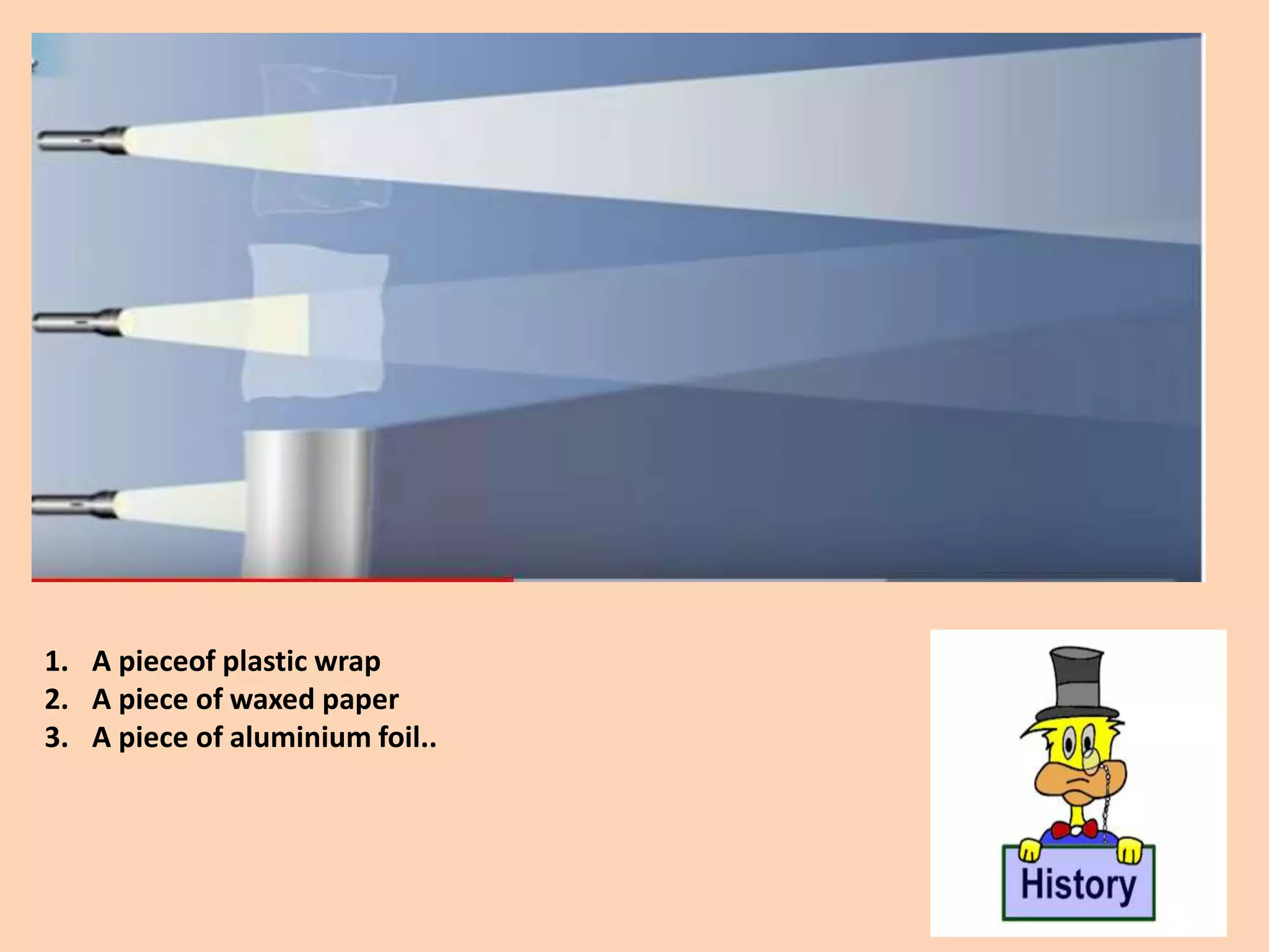 1. A pieceof plastic wrap
2. A piece of waxed paper
3. A piece of aluminium foil..
 