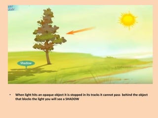 • When light hits an opaque object it is stopped in its tracks it cannot pass behind the object
that blocks the light you will see a SHADOW
 