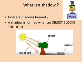 What is a shadow ?
• How are shadows formed ?
• A shadow is formed when an OBJECT BLOCKS
THE LIGHT
 