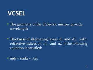 VCSEL The geometry of the dielectric mirrors provide wavelength  Thickness of alternating layers  d1  and  d2  with refractive indices of  n1  and  n2  if the following equation is satisfied: n1d1 + n2d2 = 1/2 λ 