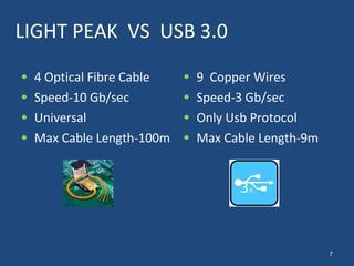 LIGHT PEAK  VS  USB 3.0 4 Optical Fibre Cable Speed-10 Gb/sec  Universal Max Cable Length-100m 9  Copper Wires Speed-3 Gb/sec Only Usb Protocol Max Cable Length-9m 