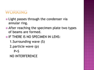  Light

passes through the condenser via
annular ring.
 After reaching the specimen plate two types
of beams are formed.
 IF THERE IS NO SPECIMEN IN LENS:
1.Surrounding wave (S)
2.particle wave (p)
P=S
NO INTERFERENCE

 