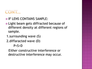 IF

LENS CONTAINS SAMPLE:
 Light beam gets diffracted because of
different density at different regions of
sample.
1.surrounding wave (S)
2.diffaracted wave (D)
P=S+D
Either constructive interference or
destructive interference may occur.

 