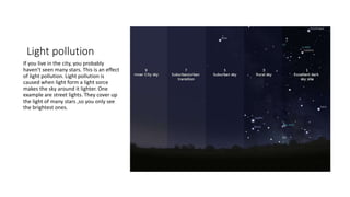 Light pollution
If you live in the city, you probably
haven’t seen many stars. This is an effect
of light pollution. Light pollution is
caused when light form a light sorce
makes the sky around it lighter. One
example are street lights. They cover up
the light of many stars ,so you only see
the brightest ones.