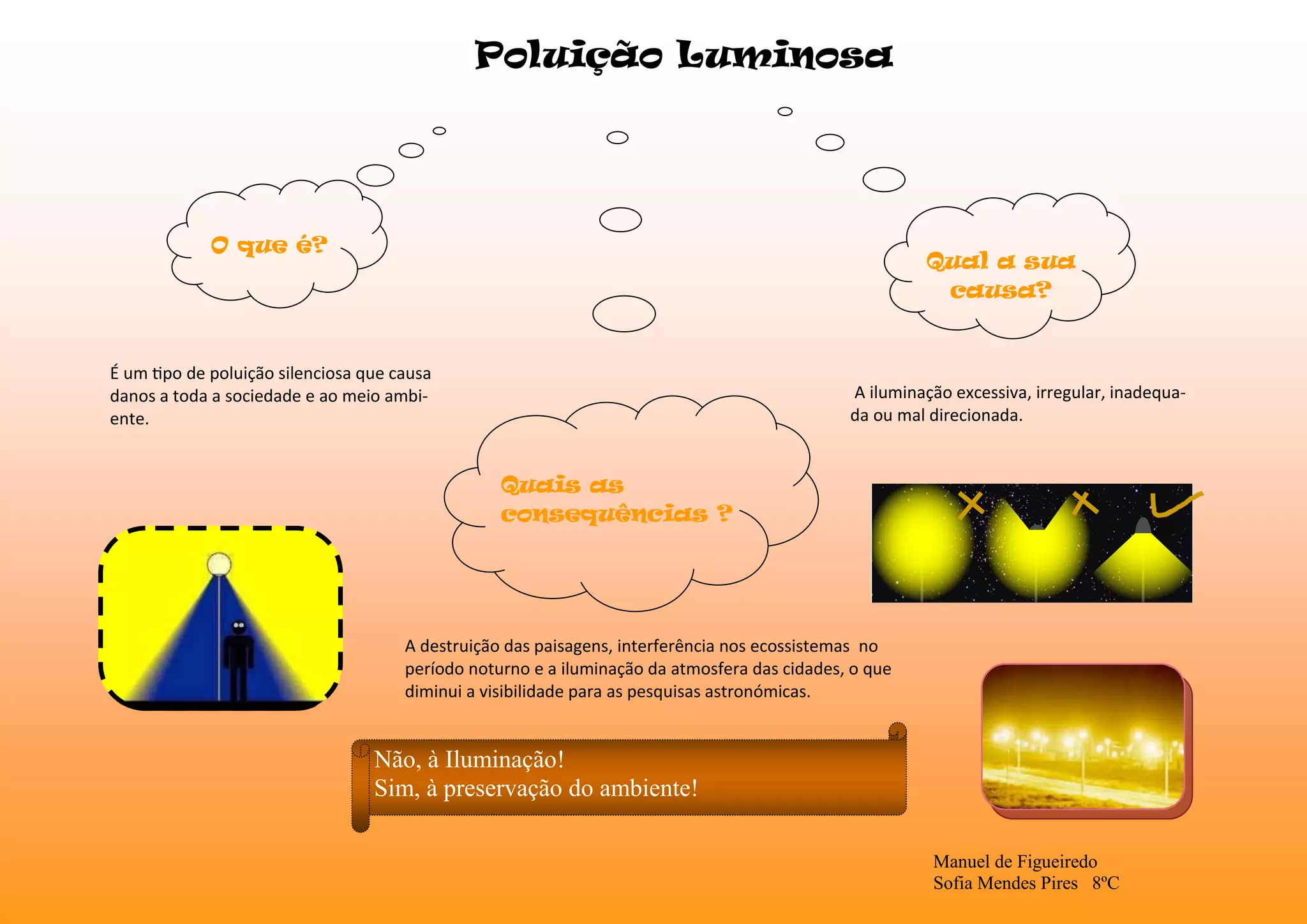 Poluição Luminosa
O que é?
Qual a sua
causa?
É um tipo de poluição silenciosa que causa
danos a toda a sociedade e ao meio ambiente.
A iluminação excessiva, irregular, inadequada ou mal direcionada.
Quais as
consequências ?
A destruição das paisagens, interferência nos ecossistemas no
período noturno e a iluminação da atmosfera das cidades, o que
diminui a visibilidade para as pesquisas astronómicas.
Não, à Iluminação!
Sim, à preservação do ambiente!
Manuel de Figueiredo
Sofia Mendes Pires 8ºC