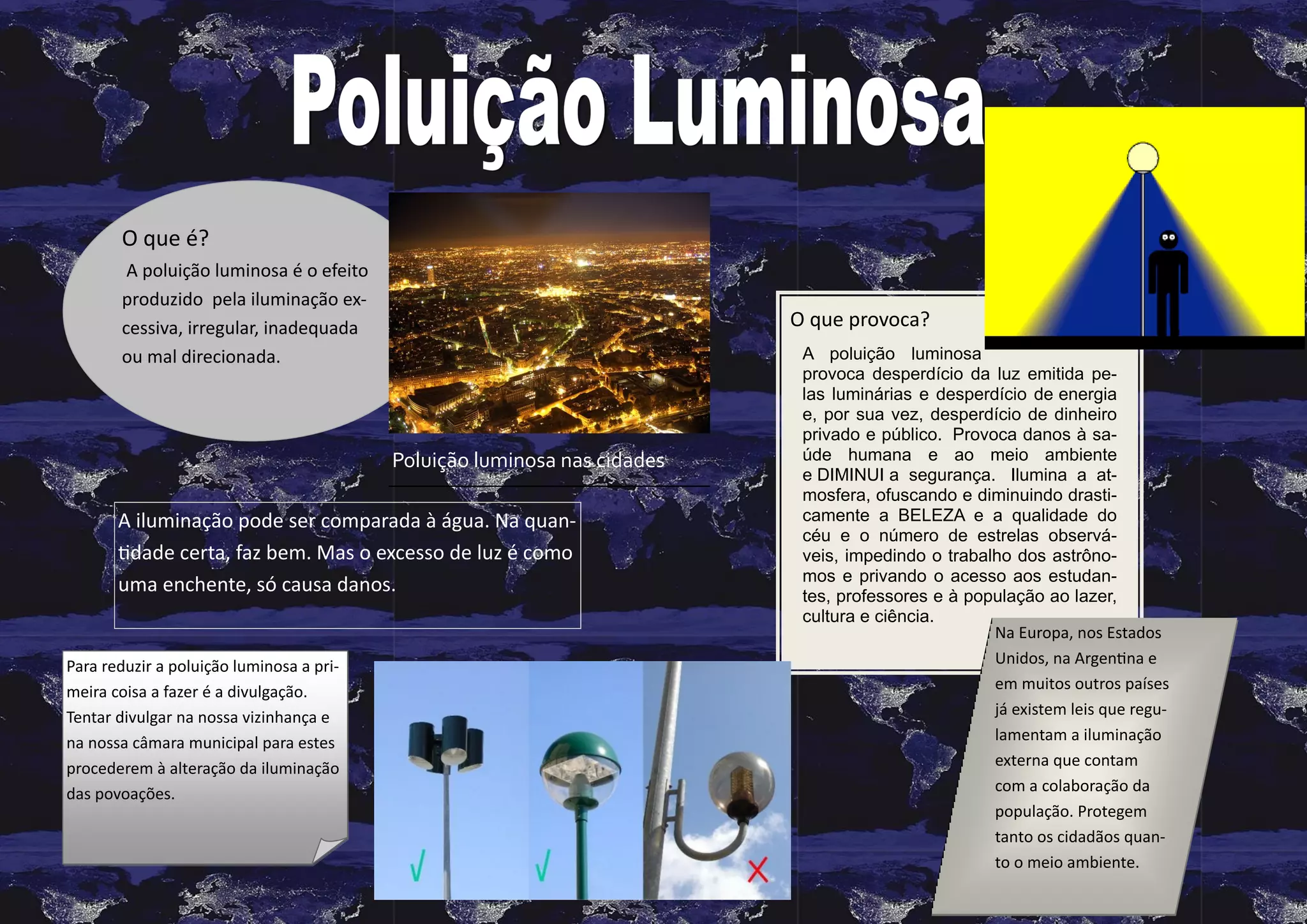 O que é?
A poluição luminosa é o efeito
produzido pela iluminação excessiva, irregular, inadequada
ou mal direcionada.
O que provoca?
Poluição luminosa nas cidades
A iluminação pode ser comparada à água. Na quantidade certa, faz bem. Mas o excesso de luz é como
uma enchente, só causa danos.
Para reduzir a poluição luminosa a primeira coisa a fazer é a divulgação.
Tentar divulgar na nossa vizinhança e
na nossa câmara municipal para estes
procederem à alteração da iluminação
das povoações.
A poluição luminosa
provoca desperdício da luz emitida pelas luminárias e desperdício de energia
e, por sua vez, desperdício de dinheiro
privado e público. Provoca danos à saúde humana e ao meio ambiente
e DIMINUI a segurança. Ilumina a atmosfera, ofuscando e diminuindo drasticamente a BELEZA e a qualidade do
céu e o número de estrelas observáveis, impedindo o trabalho dos astrônomos e privando o acesso aos estudantes, professores e à população ao lazer,
cultura e ciência.
Na Europa, nos Estados
Unidos, na Argentina e
em muitos outros países
já existem leis que regulamentam a iluminação
externa que contam
com a colaboração da
população. Protegem
tanto os cidadãos quanto o meio ambiente.