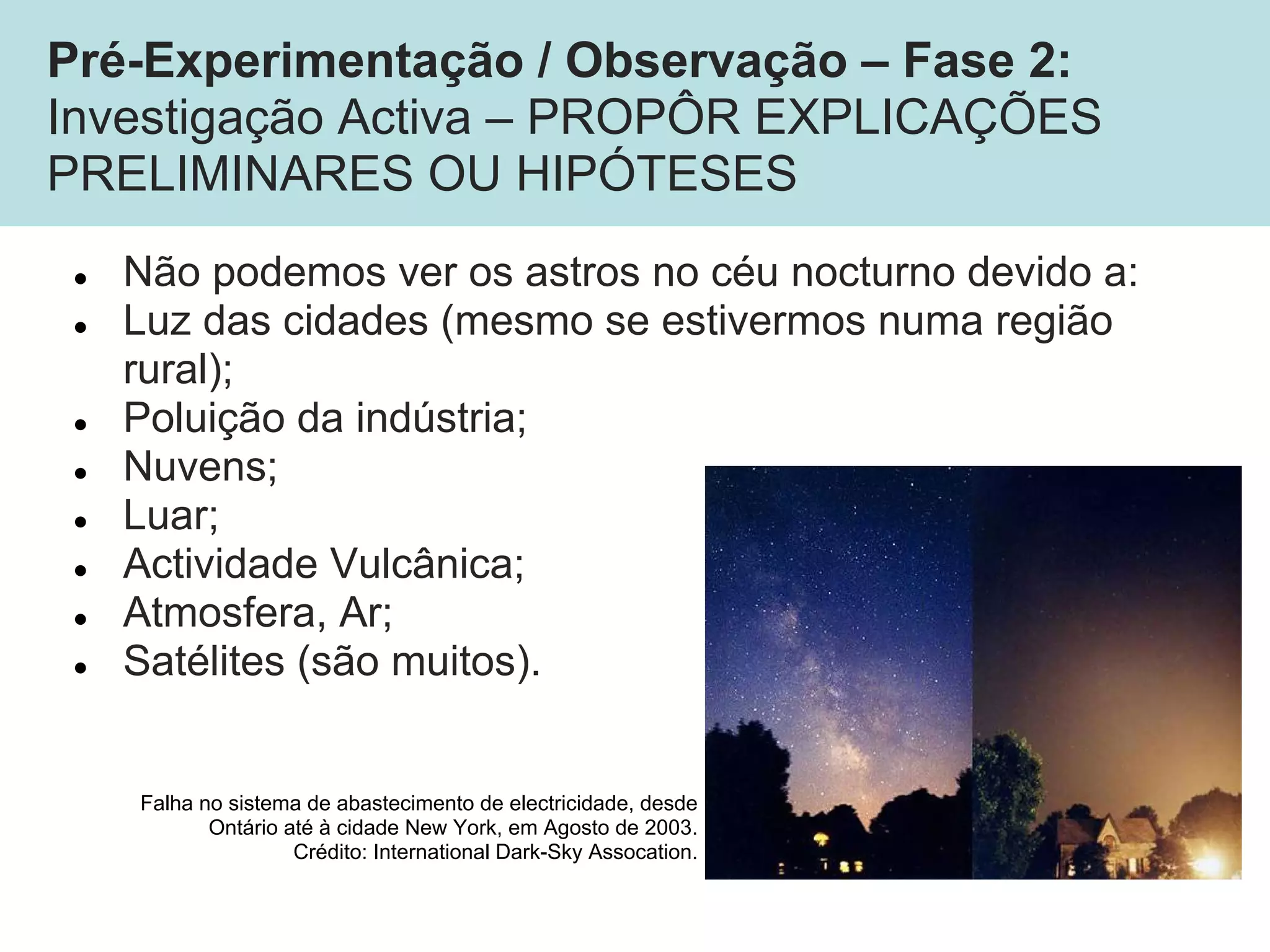 Pré-Experimentação / Observação – Fase 2:
Investigação Activa – PROPÔR EXPLICAÇÕES
PRELIMINARES OU HIPÓTESES
● Não podemos ver os astros no céu nocturno devido a:
● Luz das cidades (mesmo se estivermos numa região
rural);
● Poluição da indústria;
● Nuvens;
● Luar;
● Actividade Vulcânica;
● Atmosfera, Ar;
● Satélites (são muitos).
Falha no sistema de abastecimento de electricidade, desde
Ontário até à cidade New York, em Agosto de 2003.
Crédito: International Dark-Sky Assocation.
 