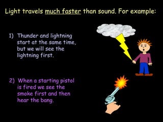 Light travels much faster than sound. For example:
1) Thunder and lightning
start at the same time,
but we will see the
lightning first.
2) When a starting pistol
is fired we see the
smoke first and then
hear the bang.
 