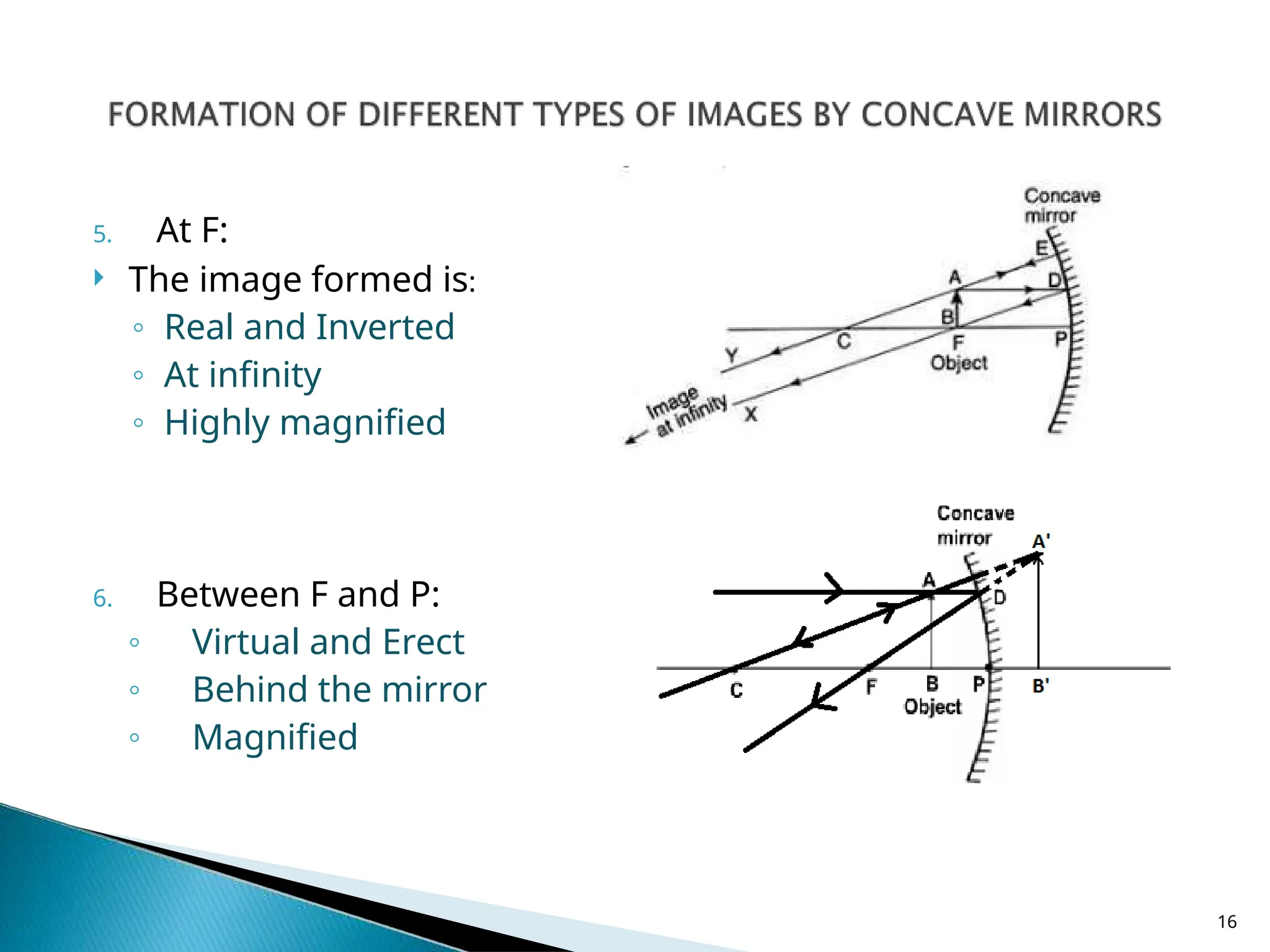 5. At F:
 The image formed is:
◦ Real and Inverted
◦ At infinity
◦ Highly magnified
6. Between F and P:
◦ Virtual and Erect
◦ Behind the mirror
◦ Magnified
16
 