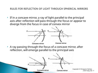  If in a concave mirror, a ray of light parallel to the principal
axis after reflection will pass through the focus or appear to
diverge from the focus in case of convex mirror
 A ray passing through the focus of a concave mirror, after
reflection, will emerge parallel to the principal axis
Copyright © Shreyaans Nahata
[10th Ruby 29] 11
 