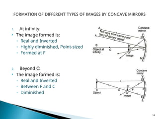 1. At infinity:
 The image formed is:
◦ Real and Inverted
◦ Highly diminished, Point-sized
◦ Formed at F
2. Beyond C:
 The image formed is:
◦ Real and Inverted
◦ Between F and C
◦ Diminished
14
 