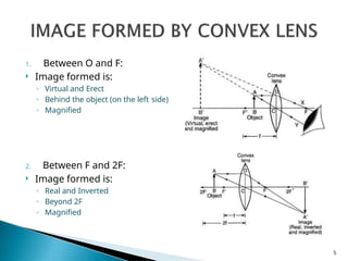 1. Between O and F:
 Image formed is:
◦ Virtual and Erect
◦ Behind the object (on the left side)
◦ Magnified
2. Between F and 2F:
 Image formed is:
◦ Real and Inverted
◦ Beyond 2F
◦ Magnified
S
 