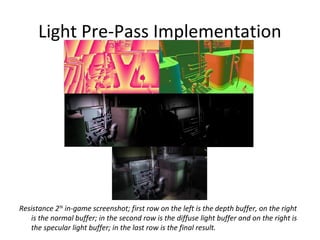 Light Pre-Pass Implementation




Resistance 2TM in-game screenshot; first row on the left is the depth buffer, on the right
   is the normal buffer; in the second row is the diffuse light buffer and on the right is
   the specular light buffer; in the last row is the final result.
 