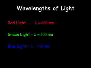 Wavelengths of Light Red Light  –   nm Green Light -   nm Blue Light -   nm 