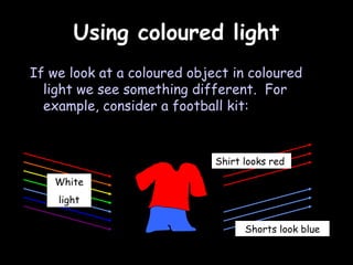 Using coloured light
If we look at a coloured object in coloured
  light we see something different. For
  example, consid...