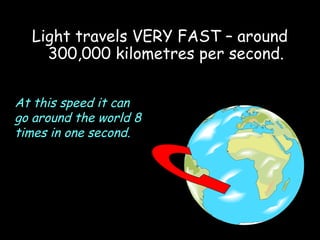 Light travels VERY FAST – around
300,000 kilometres per second.
At this speed it can
go around the world 8
times in one second.
 